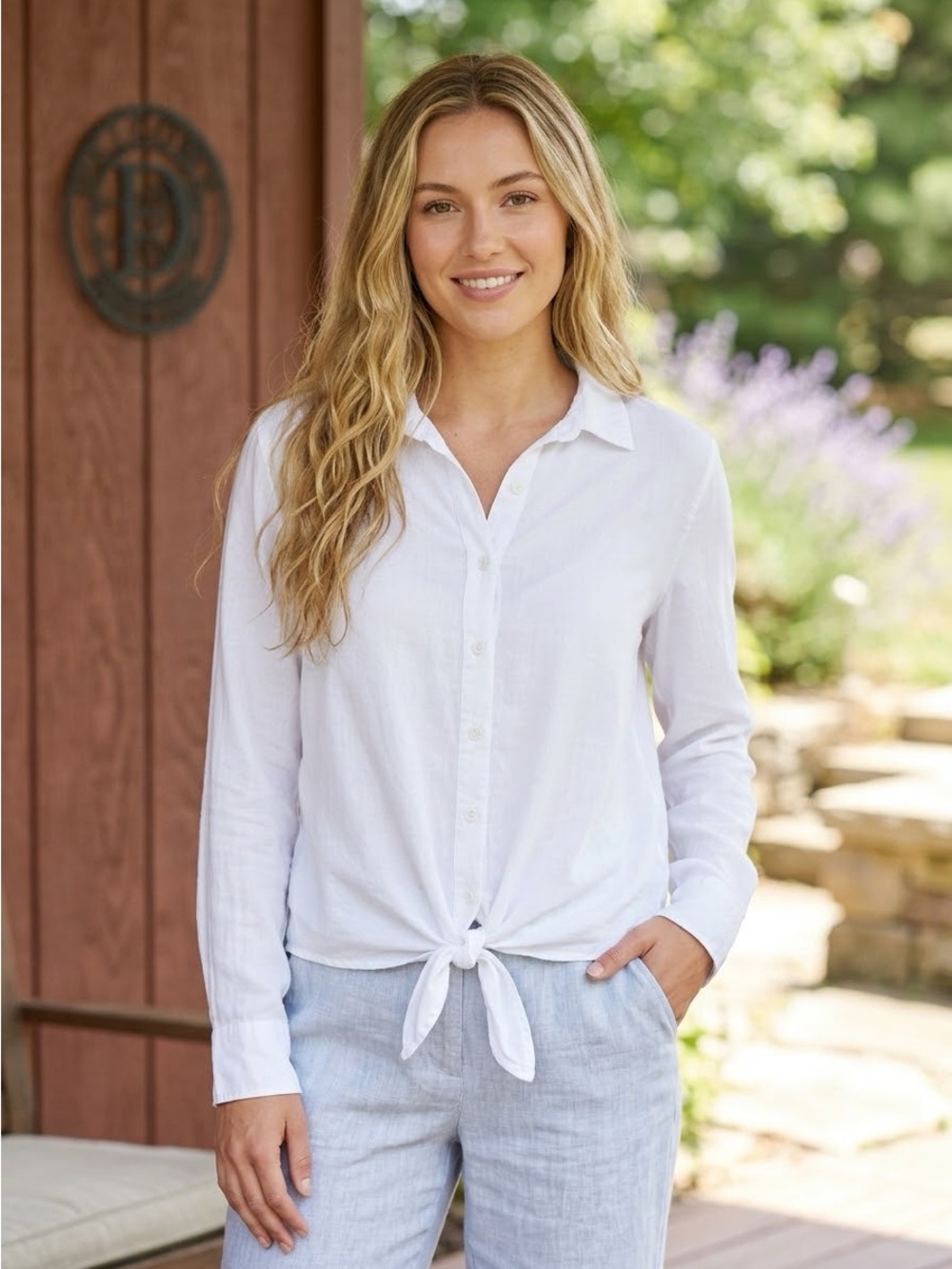 CLOTH & STONE White Tencel Coastal Tie Front Button Down Shirt